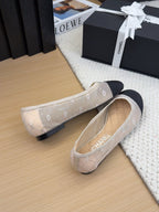 CHANEL BALLET FLAT IN BLACK FABRIC AND WHITE MESH