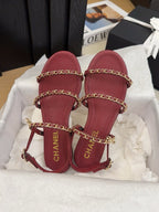 CHANEL THREE-STRAPS SANDALS IN JAM RED CALFSKIN WITH GOLD HARDWARE