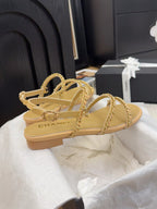 CHANEL THREE-STRAPS SANDALS IN SAND YELLOW CALFSKIN WITH GOLD HARDWARE