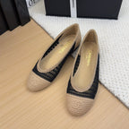 CHANEL 25 Ballet Flat Beige Black Raffia