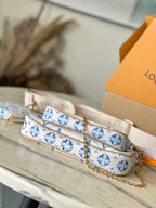 LOUIS VUITTON MULTI POCHETTE ACCESSOIRES 24 IN LAGOON BLUE MONOGRAM TILES CANVAS GOLD HARDWARE