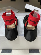 DIOR STRETCH BALLET FLATS 25S IN BLACK MIX RED FABRIC WITH CROSSED STRAPS