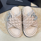 CHANEL Women's slippers with two crossed straps sheepskins beige cream