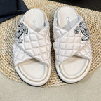CHANEL Women's slippers with two crossed straps sheepskins white cream