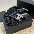 CHANEL Women's slippers with two crossed straps sheepskins black