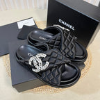 CHANEL Women's slippers with two crossed straps sheepskins black