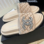 CHANEL New Style Diamond Buckle Double C Thick Bottom Slippers Beige Cream Sheepskin