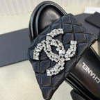 CHANEL New Style Diamond Buckle Double C Thick Bottom Slippers Black Sheepskin