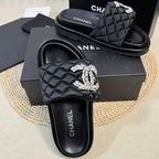 CHANEL New Style Diamond Buckle Double C Thick Bottom Slippers Black Sheepskin