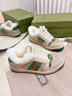 GUCCI SNEAKER WITH WEB IN BEIGE GREEN FABRIC MIX SUEDE AND LAMB WOOL LINING