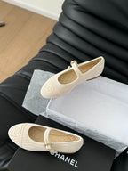 CHANEL MARY JANE SHOES BEIGE CREAM CORDUROY TWILL FABRIC