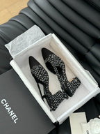 CHANEL HIGH SLINGBACK IN BLACK MIX WHITE TWEED AND LAMBSKIN