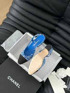 CHANEL HIGH SLINGBACK IN COBALT BLUE TWEED AND BLACK LAMBSKIN