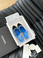 CHANEL HIGH SLINGBACK IN COBALT BLUE TWEED AND BLACK LAMBSKIN