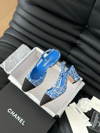 CHANEL HIGH SLINGBACK IN COBALT BLUE TWEED AND BLACK LAMBSKIN
