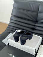 CHANEL HIGH SLINGBACK IN NAVY BLUE TWEED AND BLACK LAMBSKIN