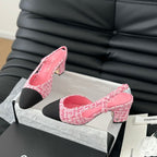 CHANEL HIGH SLINGBACK IN LIGHT PINK TWEED AND BLACK LAMBSKIN