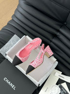 CHANEL HIGH SLINGBACK IN LIGHT PINK TWEED AND BLACK LAMBSKIN