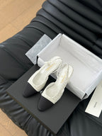 CHANEL HIGH SLINGBACK IN WHITE TWEED AND BLACK LAMBSKIN