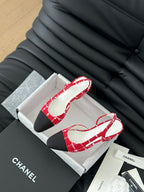 CHANEL HIGH SLINGBACK IN CHERRY RED TWEED AND BLACK LAMBSKIN