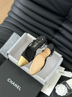 CHANEL HIGH SLINGBACK IN BLACK TWEED AND GOLDEN LAMBSKIN