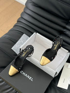 CHANEL HIGH SLINGBACK IN BLACK TWEED AND GOLDEN LAMBSKIN
