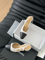 CHANEL HIGH SLINGBACK IN BEIGE TWEED AND BLACK LAMBSKIN