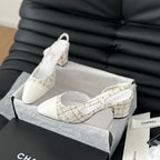 CHANEL HIGH SLINGBACK IN WHITE TWEED AND LAMBSKIN