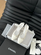 CHANEL HIGH SLINGBACK IN WHITE TWEED AND LAMBSKIN