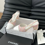 CHANEL HIGH SLINGBACK IN LIGHT PINK TWEED MIX WHITE LAMBSKIN