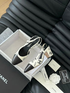 CHANEL HIGH SLINGBACK IN WHITE MIX BLACK LAMBSKIN