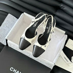 CHANEL HIGH SLINGBACK IN WHITE MIX BLACK LAMBSKIN