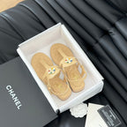 CHANEL Double C Classic One-Strap Sandals Tan Brown Lambskin