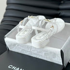 CHANEL Double C Classic One-Strap Sandals White Lambskin