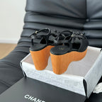 CHANEL Double C New Wood Grain Platform Sandal  Black Lambskin