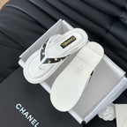 CHANEL Double C Thong Sandals Lambskin White Black