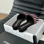 CHANEL Sheepskins Knit Slippers Black Pink