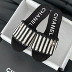 CHANEL Sheepskins Knit Slippers Black White