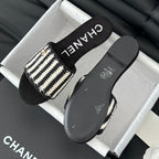 CHANEL Sheepskins Knit Slippers Black White