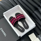 CHANEL Woven Embroidered Letter Slippers Black Pink