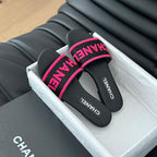 CHANEL Woven Embroidered Letter Slippers Black Pink