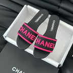 CHANEL Woven Embroidered Letter Slippers Black Pink