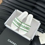 CHANEL Woven Embroidered Letter Slippers White Green