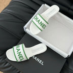 CHANEL Woven Embroidered Letter Slippers White Green