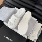 CHANEL Thick Sole Slope Heel Weddge Lambskin White