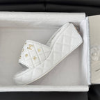 CHANEL Thick Sole Slope Heel Weddge Lambskin White