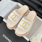CHANEL Slippers Platform Lambskin White Cream