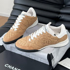 CHANEL SNEAKER IN PEANUT BROWN MIX WHITE EMBROIDERED LAMBSKIN