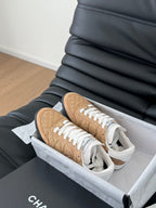CHANEL SNEAKER IN PEANUT BROWN MIX WHITE EMBROIDERED LAMBSKIN