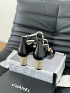 CHANEL MARY JANE SHOES THREE STRAPS BLACK LAMBSKIN WITH GOLD HARDWARE